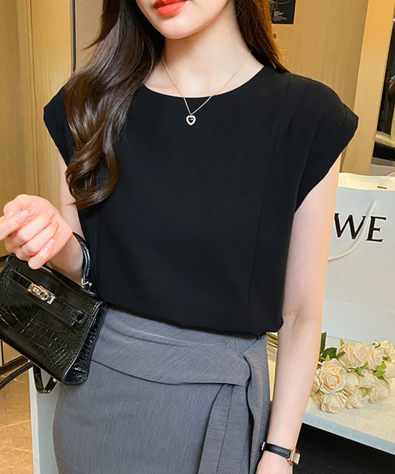 theory luxe セオリーリュクス ニット トップス ブラック 黒 38(M) プルオーバー クルーネック フレンチスリーブ コットン 23春夏 おしゃれ シンプル 無地 きれいめ 大人女子 ブランド 上品 ベーシック オフィスカジュアル【レディース】【美品】