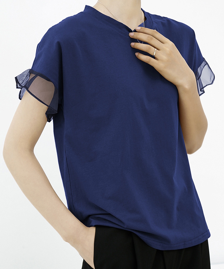 袖シアープルオーバー チュールフリルスリーブTシャツ シアートップス オフィスカジュアル 韓国ファッション