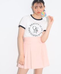 PINK-latte(ピンク　ラテ)/Y2K気分♪配色リンガー刺繍Tシャツ/オフホワイト×ブラック（003）