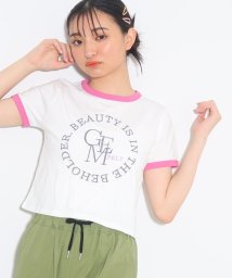 PINK-latte(ピンク　ラテ)/Y2K気分♪配色リンガー刺繍Tシャツ/オフホワイト×ピンク（172）