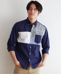 ikka(イッカ)/7分袖ブロッキング切り替えシャツ/ネイビー