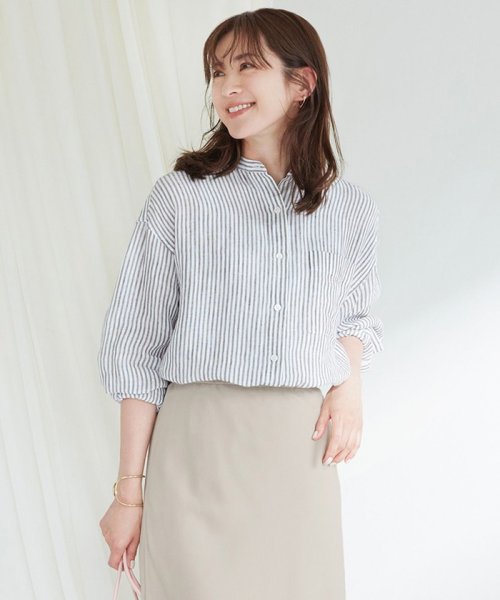 NIJYUSANKU(23区)/【WEB限定カラーあり/洗える】LIBECO バンドカラー ビッグシルエット シャツ/ダークブラウンストライプ