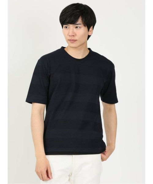 m.f.editorial(エムエフエディトリアル)/リンクスジャガードボーダー Vネック 半袖 メンズ Tシャツ カットソー カジュアル インナー ビジネス ギフト プレゼント/ネイビー