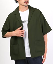 LUXSTYLE(ラグスタイル)/ボタンレス半袖シャツジャケット/シャツジャケット 半袖 メンズ ボタンレス テーラードジャケット オープンカラー/カーキ