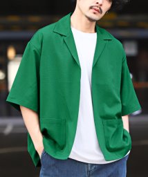 LUXSTYLE(ラグスタイル)/ボタンレス半袖シャツジャケット/シャツジャケット 半袖 メンズ ボタンレス テーラードジャケット オープンカラー/グリーン