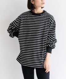 VitaFelice(ヴィータフェリーチェ)/ボーダー長袖ロングTシャツ【aroco/アロコ】 レディース 長袖 ロング丈 トップス ロンT ロングシャツ クルーネック リブ ビッグシルエット オーバーサイ/ブラック