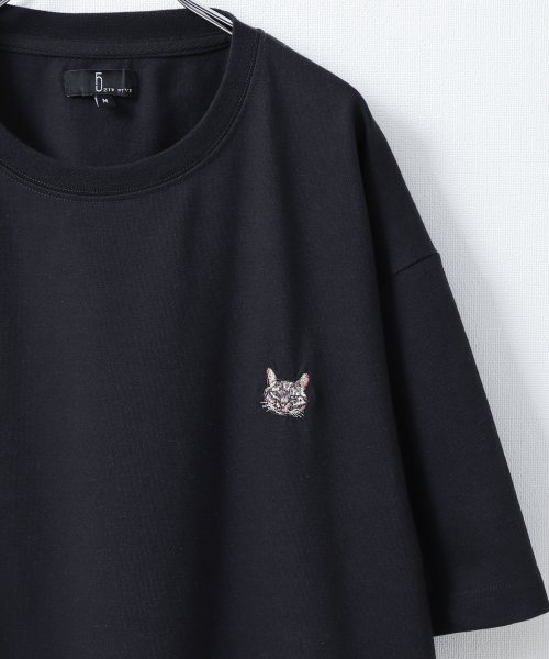 ZIP FIVE(ジップファイブ)/動物ワンポイント刺繍半袖Tシャツ/ネコ/イヌ/クマ/ブラック系4