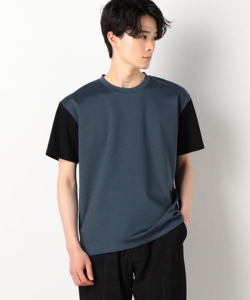  COMME CA COMMUNE(コムサコミューン)/シルキーポンチ 袖配色 Ｔシャツ/ブルー