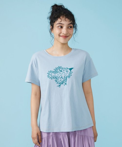 Jocomomola(ホコモモラ)/Buen viaje 鳥刺繍Tシャツ/ライトブルー