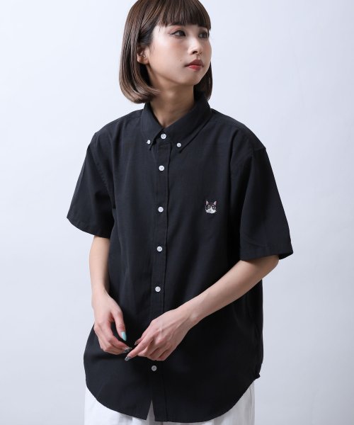 ZIP FIVE(ジップファイブ)/動物刺繍半袖オックスフォードボタンダウンシャツ/ブラック