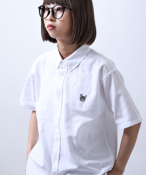 ZIP FIVE(ジップファイブ)/動物刺繍半袖オックスフォードボタンダウンシャツ/ホワイト系1