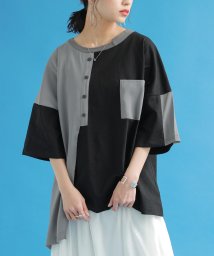 osharewalker(オシャレウォーカー)/『異素材配色アシメデザインTシャツ』/ブラック