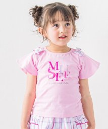BeBe(ベベ)/【お揃い】チェック肩リボンフレア袖Tシャツ(90~150cm)/ピンク