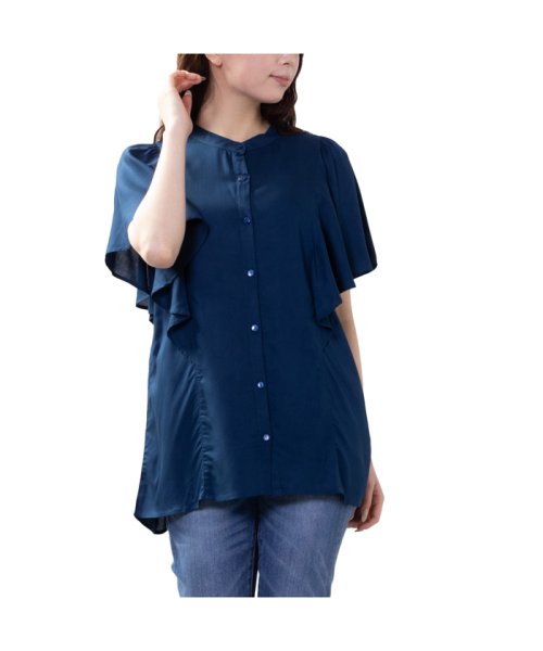 MAC HOUSE(women)(マックハウス（レディース）)/NAVY ネイビー インドファブリック フレア袖シャツ 588－6253/ブルー