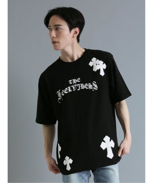 semanticdesign(セマンティックデザイン)/クロスアップリケ クルーネック半袖ルーズTシャツ/ブラック
