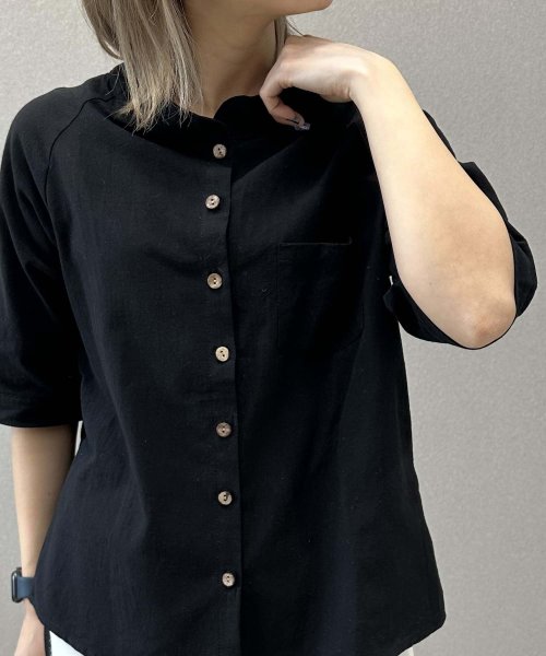 aimoha(aimoha（アイモハ）)/ゆっとり　コットンリネン風7分袖シャツ/ブラック