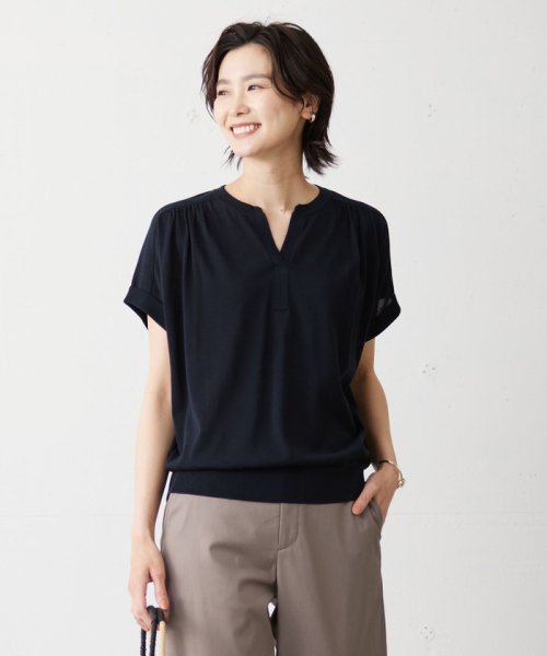 J.PRESS LADIES（LARGE SIZE）(J．プレス　レディス（大きいサイズ）)/【洗える・抗菌防臭】コットンアセテート バンドカラー ニット/ネイビー系