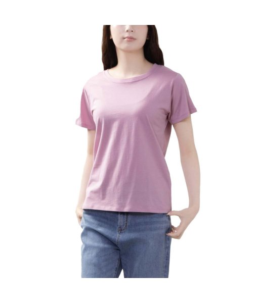 MAC HOUSE(women)(マックハウス（レディース）)/NAVY ネイビー USコットン ライトウェイトクルーTシャツ CO233－WC008/ピンク