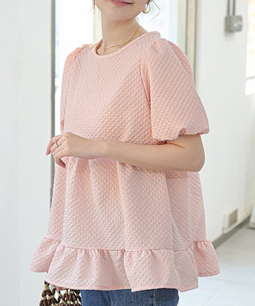 SEU(エスイイユウ)/ジャガードブラウス ゆったり 体型カバー 二の腕カバー お手入れ簡単 韓国ファッション/ピンク