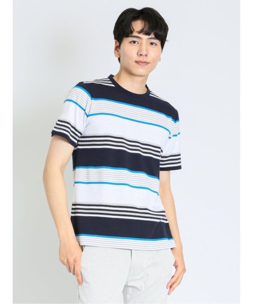 TAKA-Q(タカキュー)/配色ボーダー クルーネック 半袖 メンズ Tシャツ カットソー カジュアル インナー ビジネス ギフト プレゼント/ライトブルー