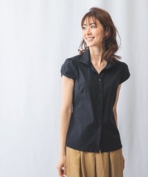 NARA CAMICIE(ナラカミーチェ)/ストレッチストライプスタンドカラー半袖シャツ/ブラック