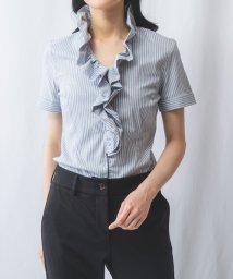 NARA CAMICIE(ナラカミーチェ)/ストレッチストライプフリル衿半袖シャツ/ブルー系