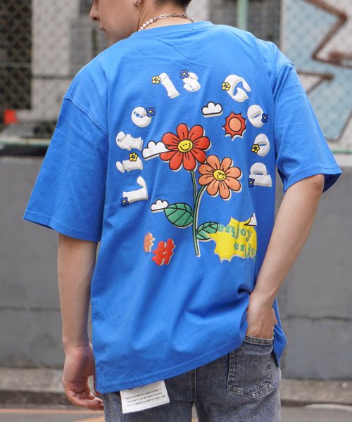 1111clothing(ワンフォークロージング)/オーバーサイズ Tシャツ メンズ ビッグTシャツ レディース クルーネック 花柄 半袖Tシャツ 綿100% イラスト ワンポイント バックプリント グラフィティ/ブルー