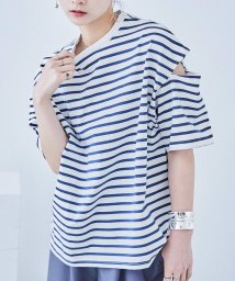 Fashion Letter/ボーダー カットアウト ビッグ5分袖Tシャツ カットスリーブ ストライプ しましま 綿 コットン ビッグシルエット ユニセックス ゆったり 大きめ ロンT シン/505329645