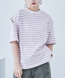 Fashion Letter(ファッションレター)/ボーダー カットアウト ビッグ5分袖Tシャツ カットスリーブ ストライプ しましま 綿 コットン ビッグシルエット ユニセックス ゆったり 大きめ ロンT シン/ピンク