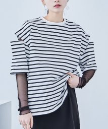 Fashion Letter/ボーダー カットアウト ビッグ5分袖Tシャツ カットスリーブ ストライプ しましま 綿 コットン ビッグシルエット ユニセックス ゆったり 大きめ ロンT シン/505329645