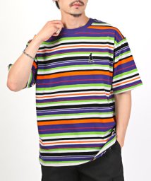 LUXSTYLE(ラグスタイル)/マルチボーダーワンポイント刺繍半袖Tシャツ/Tシャツ メンズ レディース 半袖 半袖Tシャツ ボーダー ビッグシルエット/パープル