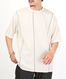 LUXSTYLE(ラグスタイル)/トリムステッチ切替Tシャツ/Tシャツ メンズ 半袖 5分袖 ビッグシルエット ステッチ トリム 切替 配色/ホワイト