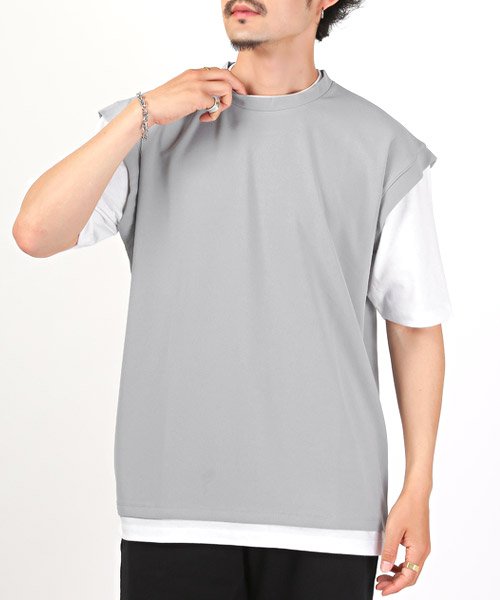 LUXSTYLE(ラグスタイル)/フェイクレイヤージョーゼットBIGTシャツ/Tシャツ メンズ 半袖 ビッグシルエット フェイクレイヤード 重ね着風 無地/ライトグレー
