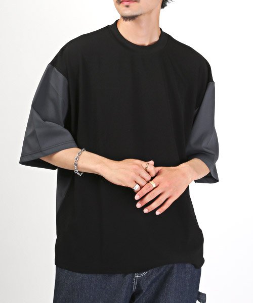 LUXSTYLE(ラグスタイル)/カットジョーゼット異素材切替Tシャツ/Tシャツ メンズ 半袖 切替 異素材 ジョーゼット メンズTシャツ カットソー/ブラック
