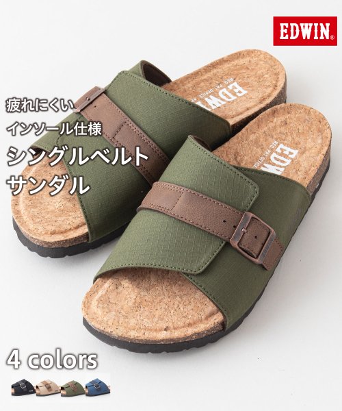 JEANS MATE(ジーンズメイト)/【EDWIN】シングルベルトサンダル メンズ EW9303 フットベッド 紳士 事務所履き スリッパ つっかけ/カーキ