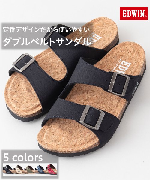 JEANS MATE(ジーンズメイト)/【EDWIN】リップストップ ダブルベルトサンダル ワンポイントブランドロゴ フットベッド 紳士 事務所履き スリッパ つっかけ/ブラック