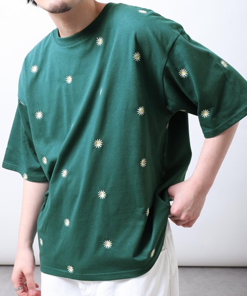 ZIP FIVE(ジップファイブ)/TC度詰め天竺花柄刺繍半袖ビッグシルエットTシャツ/グリーン
