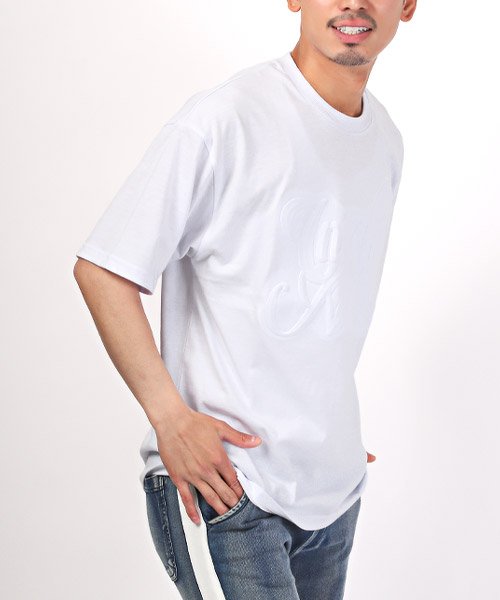 LUXSTYLE(ラグスタイル)/3DエンボスロゴプリントTシャツ/Tシャツ メンズ 半袖 半袖Tシャツ ビッグシルエット カットソー エンボス/ホワイト