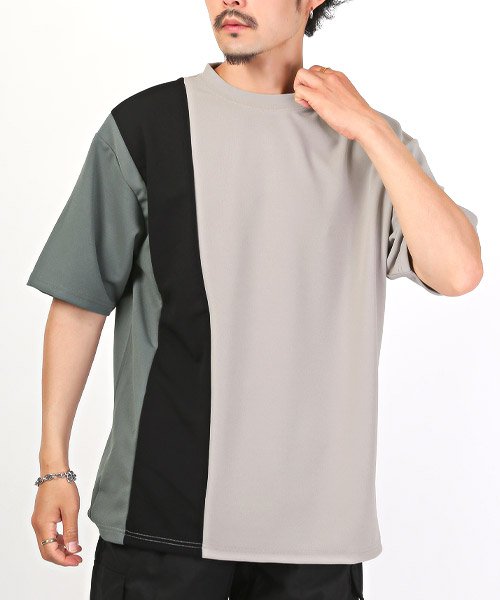 LUXSTYLE(ラグスタイル)/カットジョーゼットカラー切替半袖Tシャツ/Tシャツ メンズ 半袖 5分袖 ビッグシルエット 梨地 ジョーゼット 配色 切替/グレージュ