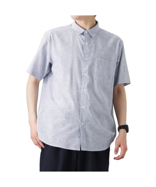 MAC HOUSE(men)(マックハウス（メンズ）)/NAVY ネイビー SOLOTEX(R)使用 リネンブレンド半袖シャツ 331113MH/サックス