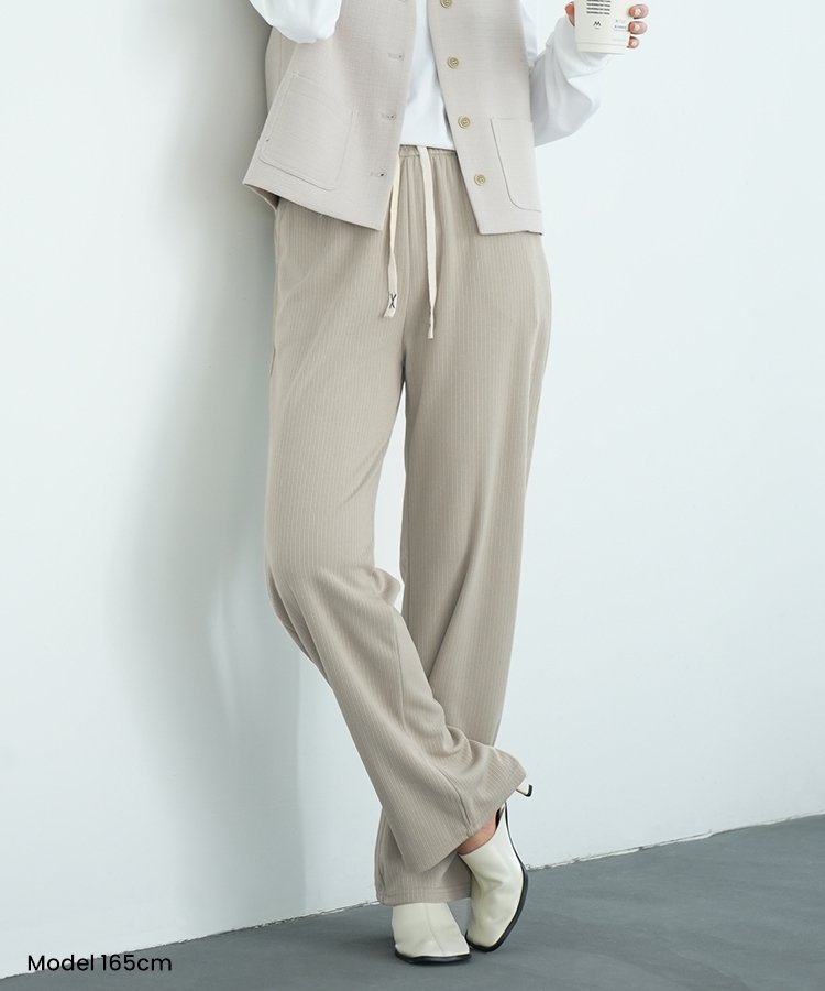 ひんやり涼しいリブワイドパンツ ストレートパンツ 体型カバー リラックスパンツ ワンマイルウェア カジュアル 韓国ファッション