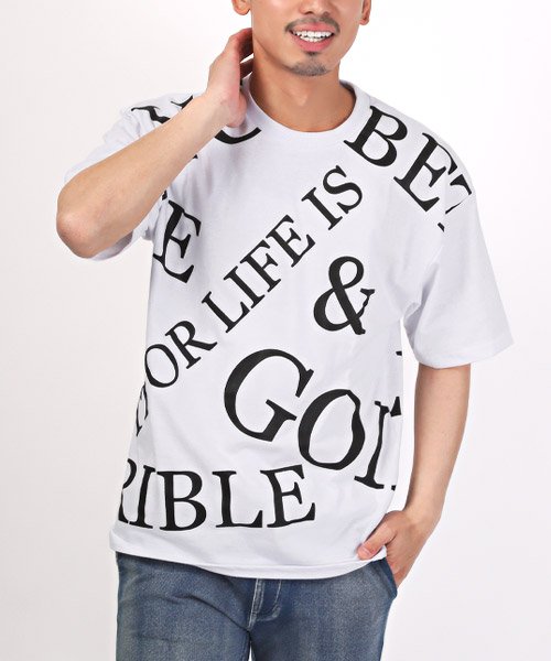 LUXSTYLE(ラグスタイル)/ランダムロゴプリントTシャツ/Tシャツ メンズ 半袖 半袖Tシャツ ビッグシルエット カットソー トップス/ホワイト