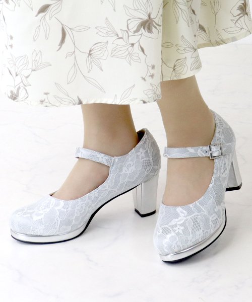 SFW(サンエーフットウェア)/7cmヒール 履きやすい 歩きやすい 走れる パーティー 二次会 結婚式 レディース 靴 ワンピ 韓国 オフィスカジュアル 美脚 靴 チャンキーヒール ストラッ/シルバーチュール