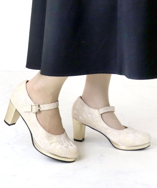 SFW(サンエーフットウェア)/7cmヒール 履きやすい 歩きやすい 走れる パーティー 二次会 結婚式 レディース 靴 ワンピ 韓国 オフィスカジュアル 美脚 靴 チャンキーヒール ストラッ/ピンクベージュチュール