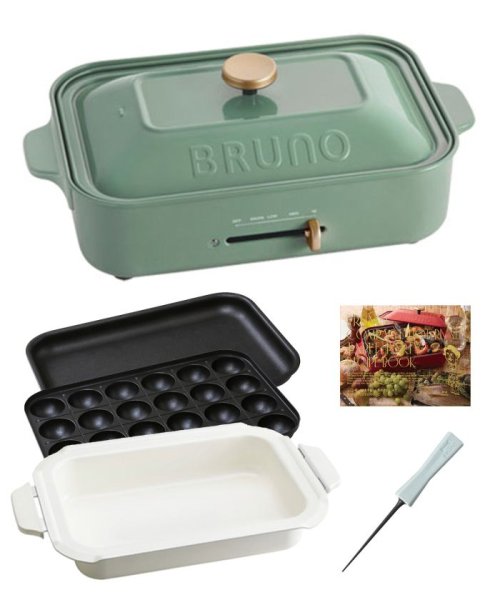 BRUNO(ブルーノ)/コンパクトホットプレート＋セラミックコート鍋＋オリジナルたこ焼きピック/グリーン