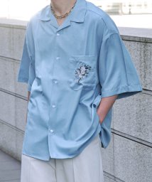 Nilway(ニルウェイ)/オープンカラー半袖刺繍シャツ/ブルー