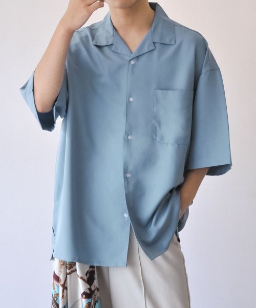 Nilway(ニルウェイ)/無地＊柄半袖オープンカラーシャツ/ブルー