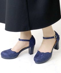 SFW(サンエーフットウェア)/6.5cmヒール 履きやすい 歩きやすい 走れる パーティー 二次会 結婚式 レディース 靴 ワンピ 韓国 オフィスカジュアル 美脚 靴 チャンキーヒール スト/ネイビーチュール
