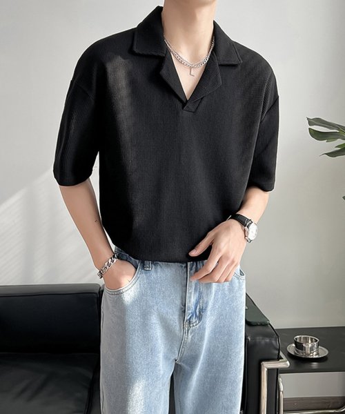 aimoha(aimoha（アイモハ）)/韓国系無地なしワッフルオープンカラーポロシャツ/ブラック