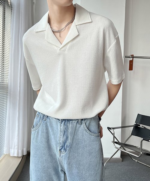 aimoha(aimoha（アイモハ）)/韓国系無地なしワッフルオープンカラーポロシャツ/ホワイト